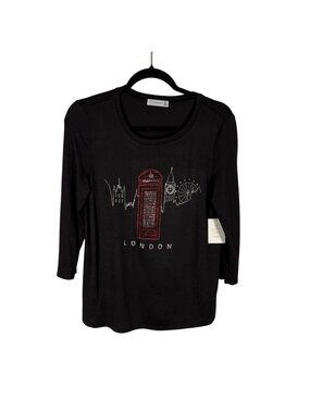 Retrology Women M Black Rhinestone London Skyline Telephone 3/4 Sleeve Top NWT
